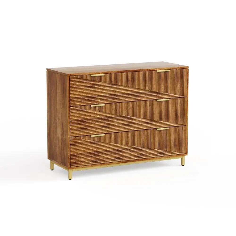 Silo rendering of modern wooden chest of drawers with textured front panels and golden handles on white background