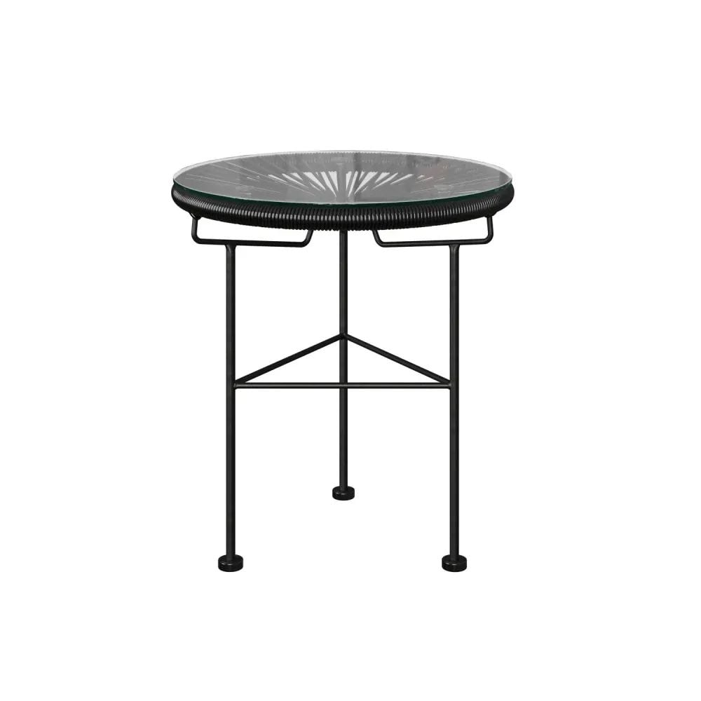 3D rendering of a round glass top side table with a black frame, isolated on a white background
