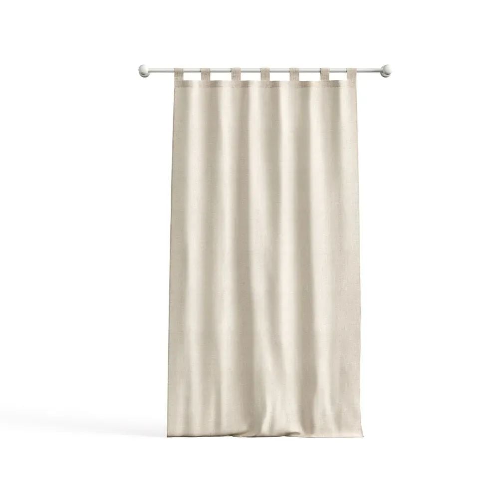 3D rendering of beige curtain with top loops hanging on a rod