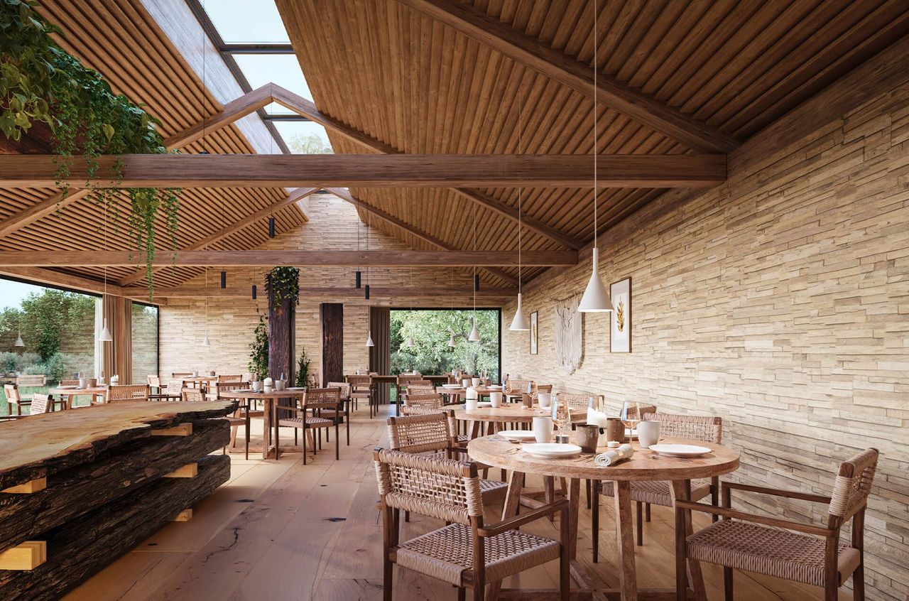 3D visualization of a rustic restaurant interior with wooden beams, stone walls, and woven dining chairs