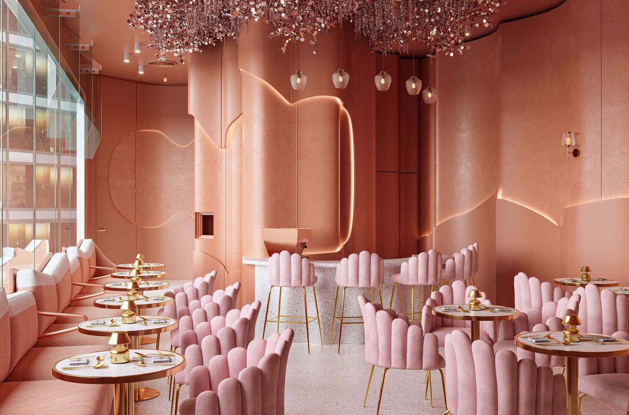 Commercial Interior Render for a Pink Restaurant