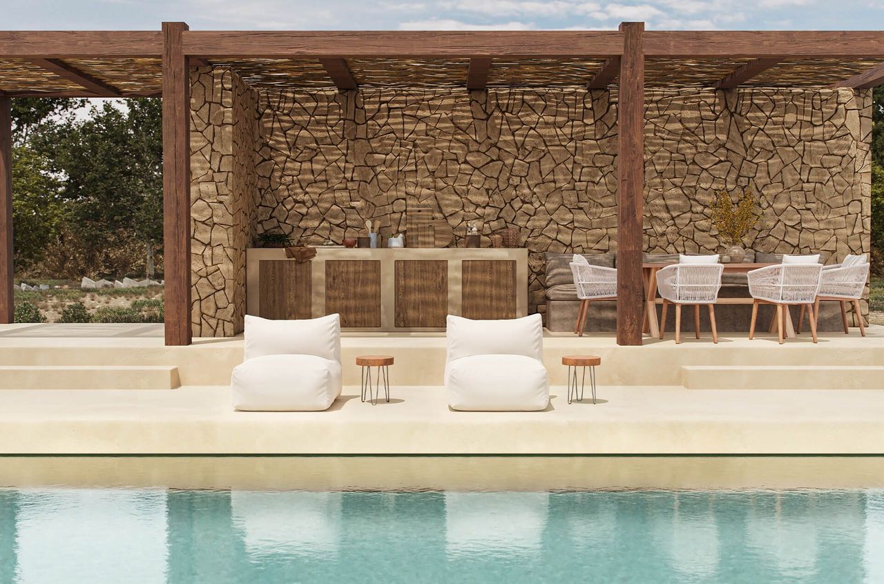 3D visualization of a poolside outdoor lounge with white chairs, wooden pergola, and stone wall design