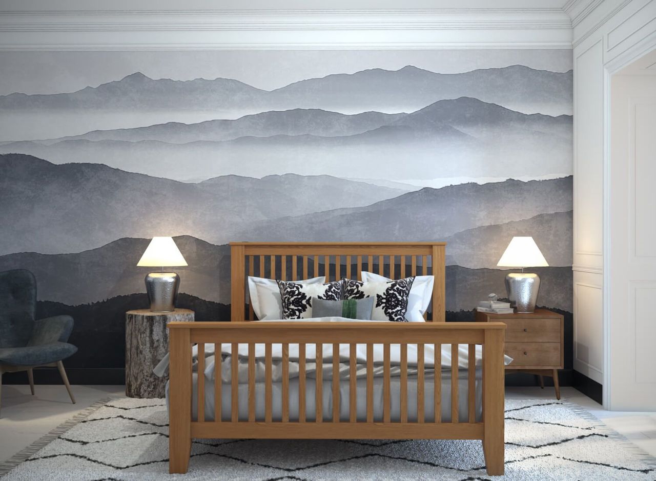 Wooden Bed with Grey Sheets CGI