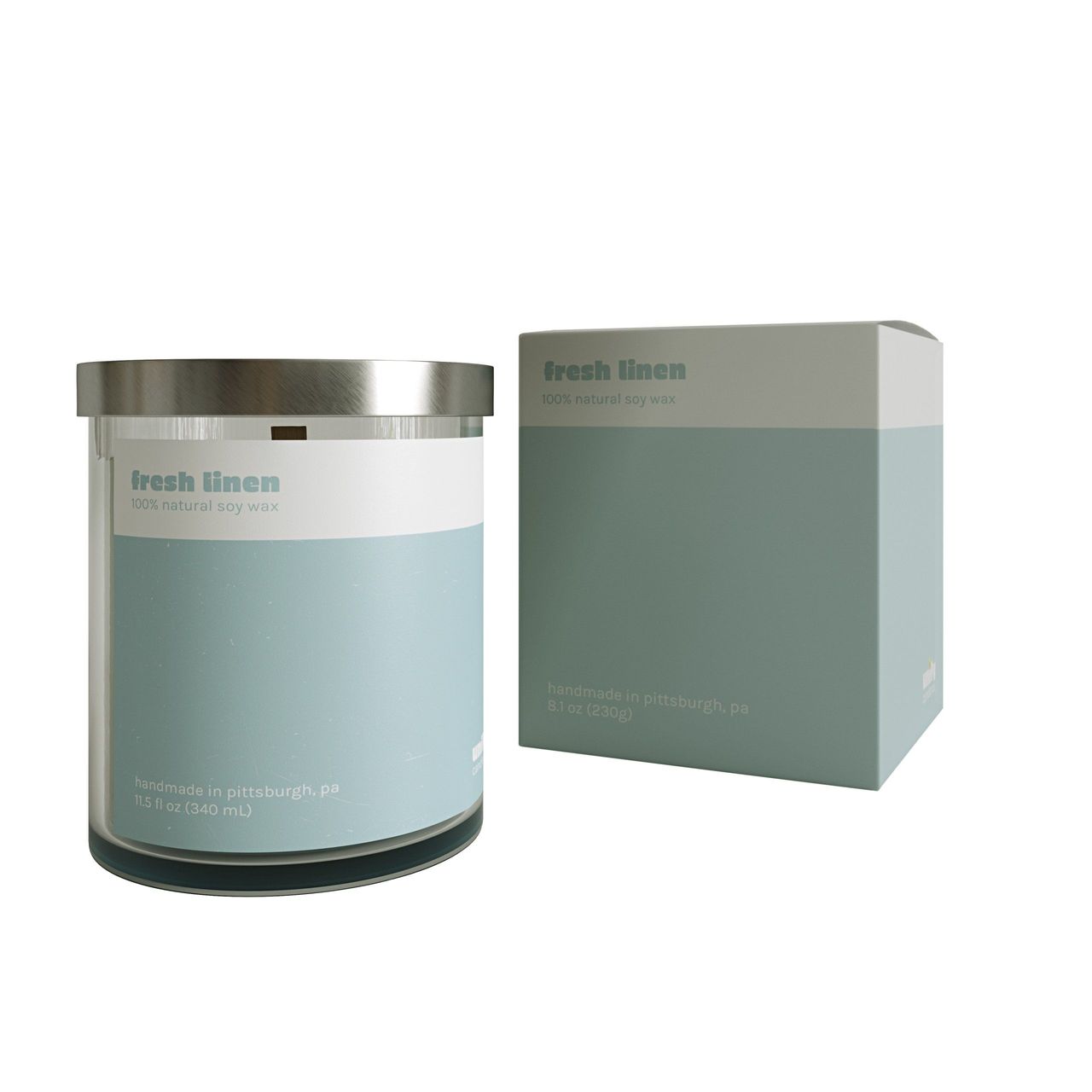 3D product visualization of fresh linen candle with packaging, showcasing photorealistic rendering and CGI solutions