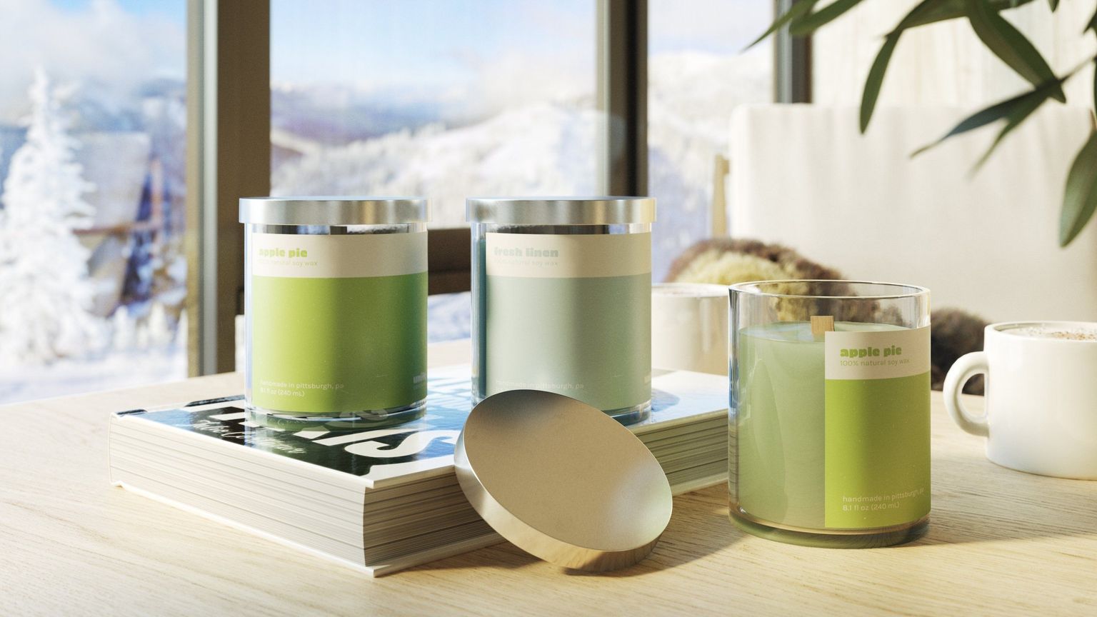 Photorealistic 3D rendering of candles on a table, showcasing 3D product visualization and interior visualization.