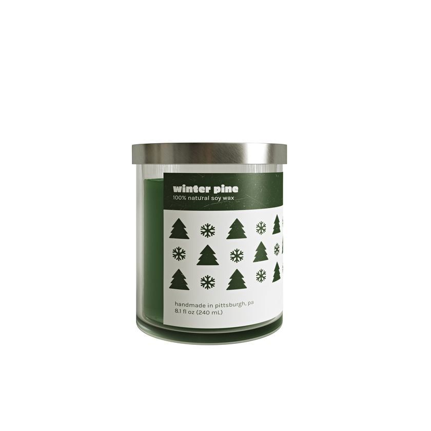 3D visualization of a candle in glass jar with tree and snowflake design