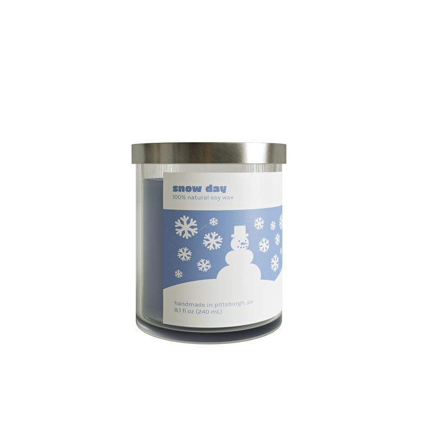 3D rendering of a blue candle in glass jar with snowman and snowflakes label