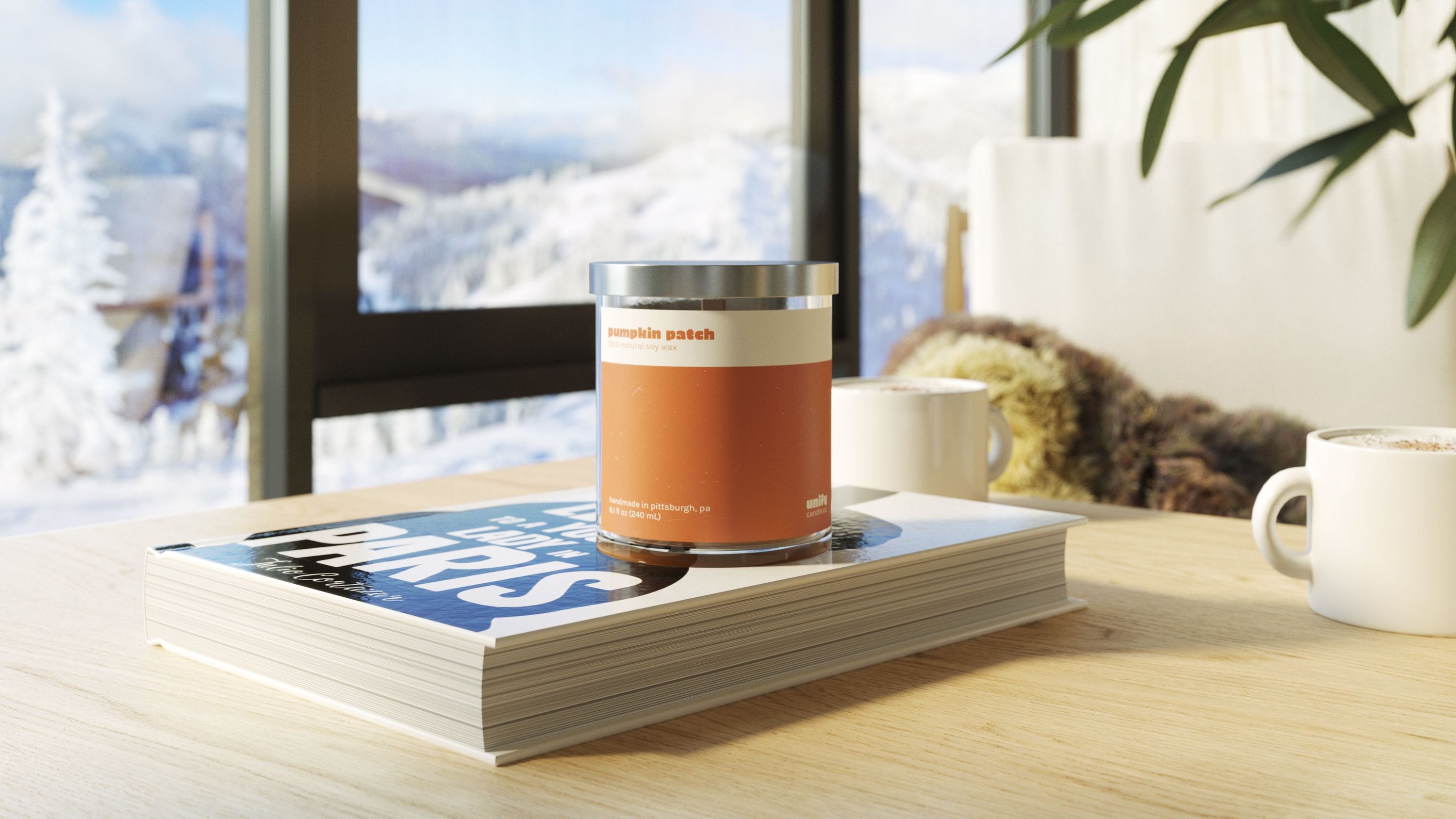 3D rendering of a soy candle on a book in a cozy winter interior