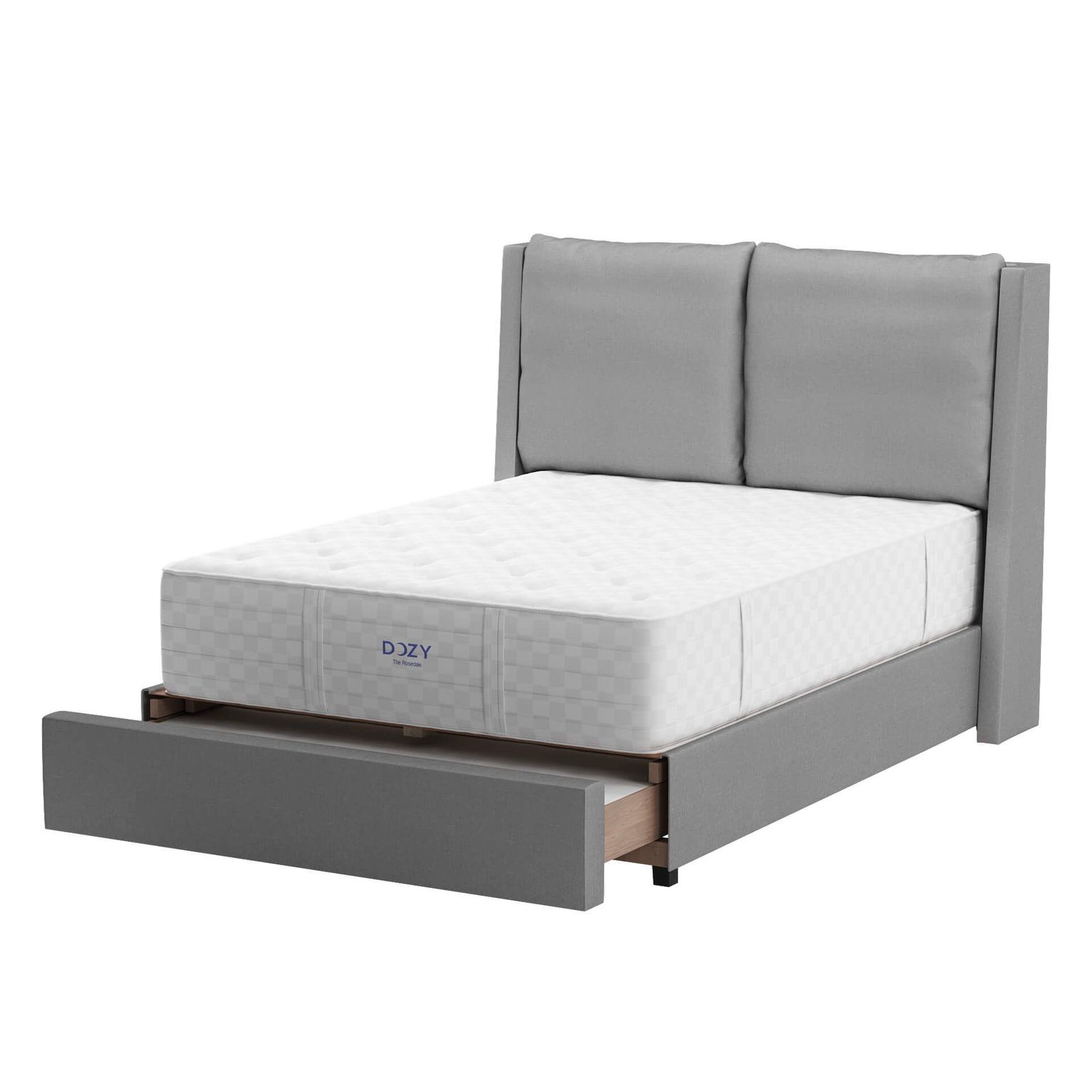 Photoreal 3D rendered image of a modern bed with storage, showcasing realistic product rendering and 3D product visualization.