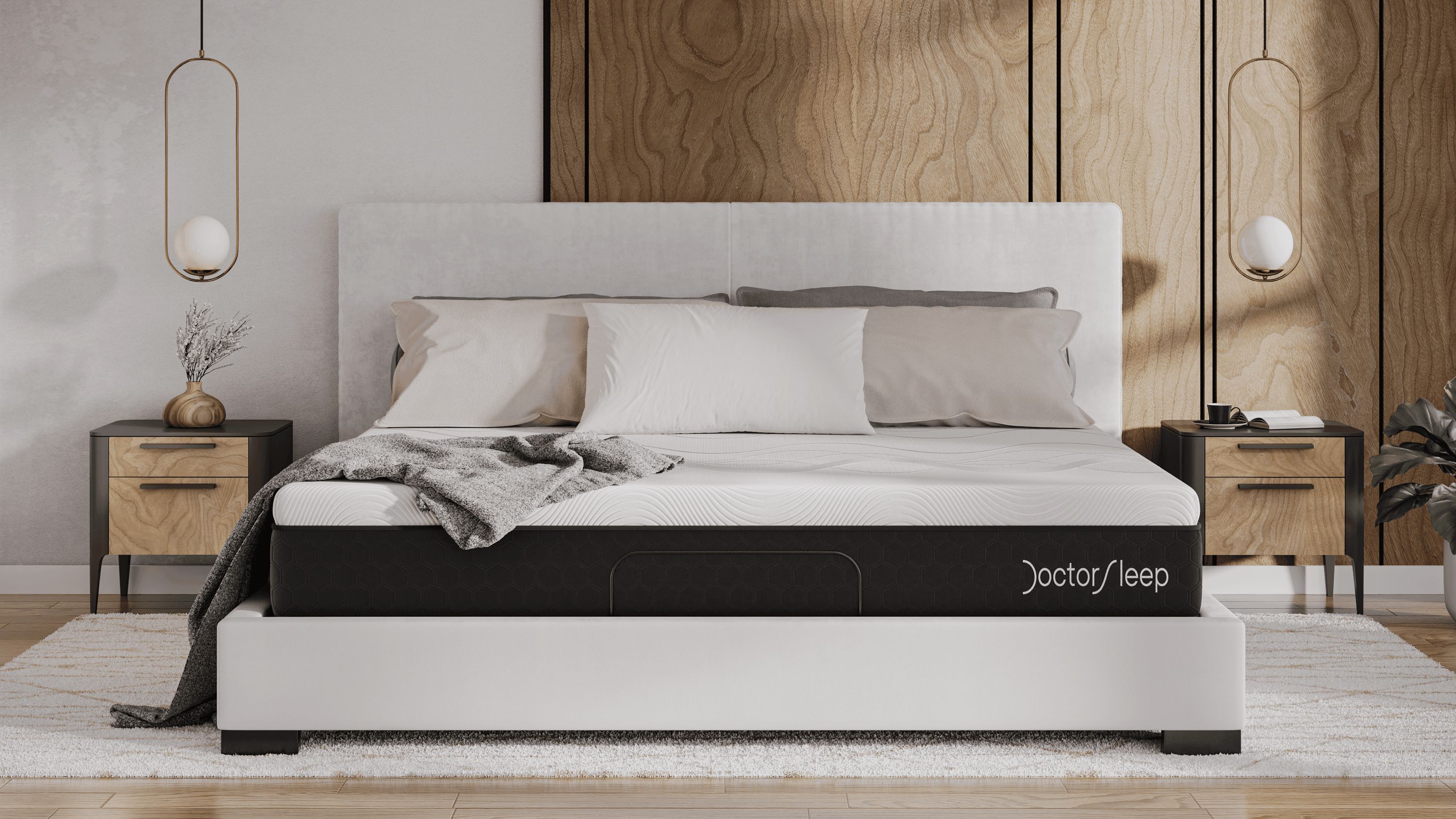 3D Rendering for a bed in a cozy bedroom with bedside cabinets and pendant lights