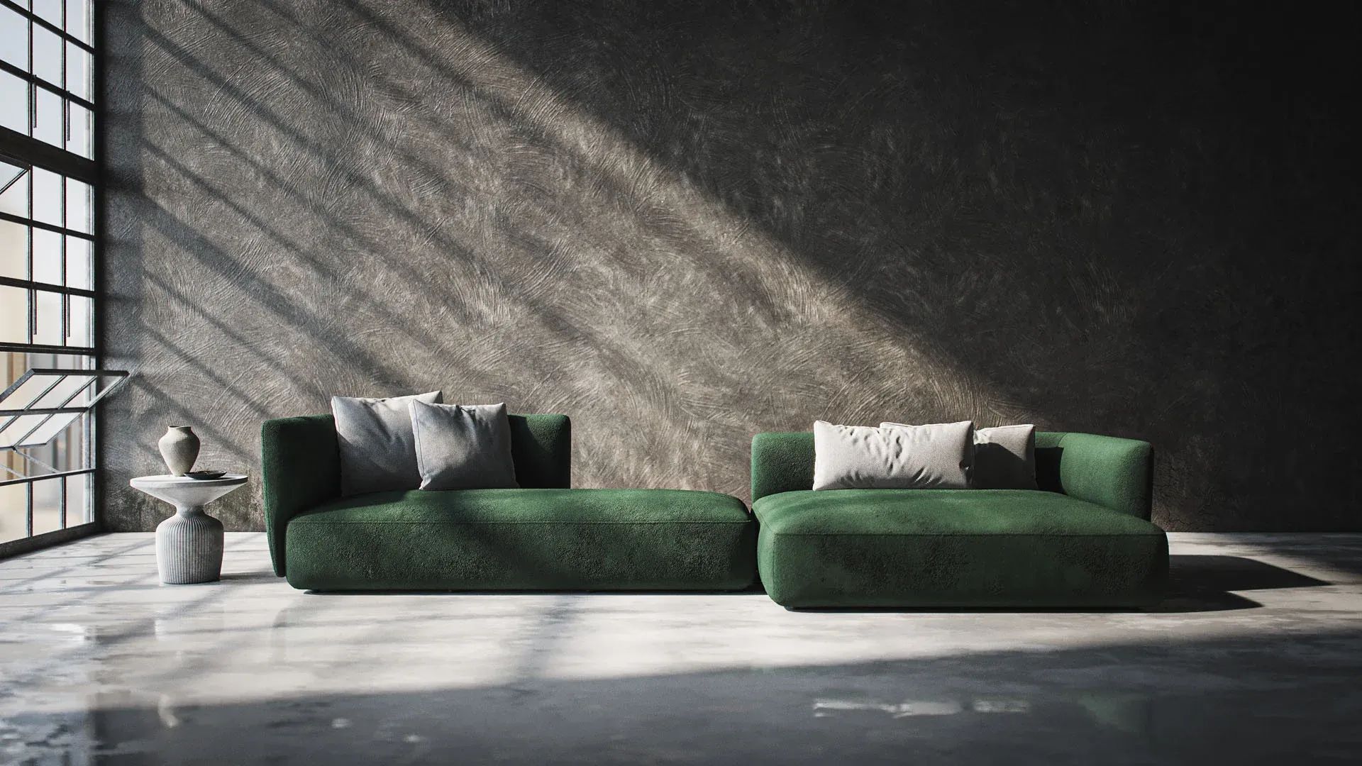 3D Visualization for a Green Sofa in a Minimal Space
