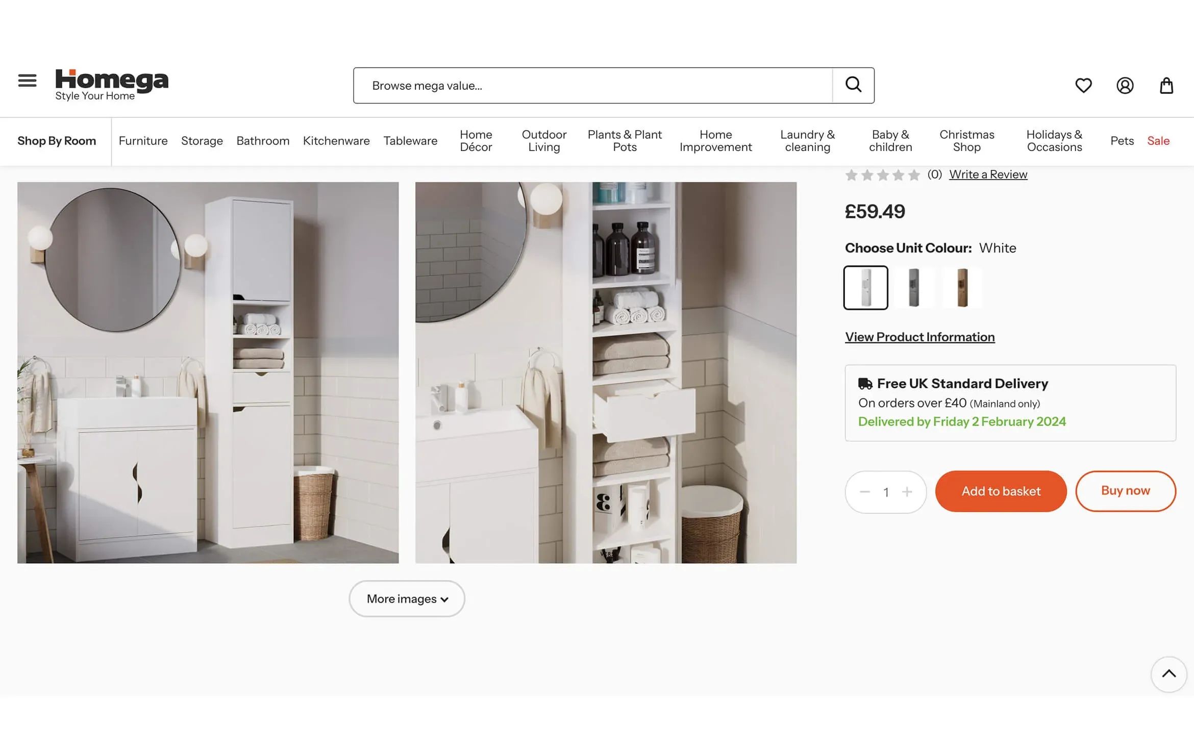 3D visualization of a tall white bathroom cabinet with shelves featured on Homega e-commerce page