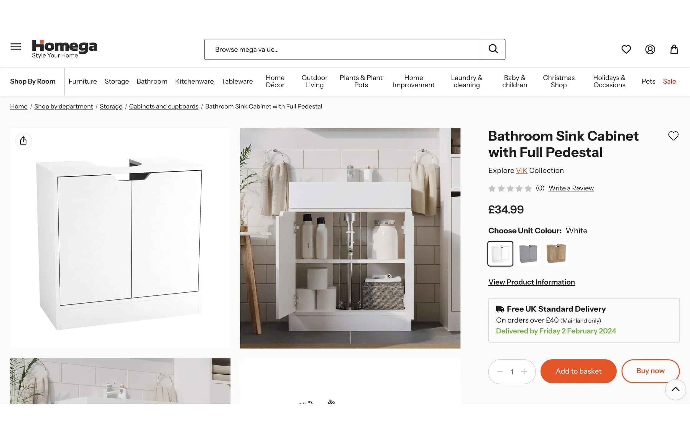 3D visualization of a white two-drawer chest showcased on online shop product page