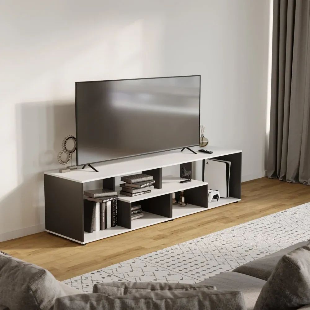 3D visualization of a modern tv console with white shelves, books, decor, and a flat-screen television