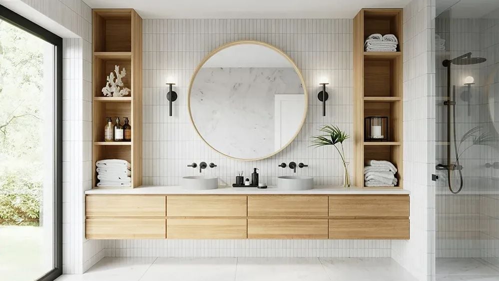 Comfy Product Lifestyle Image for a Vanity with Round Mirror and Wooden Cabinets