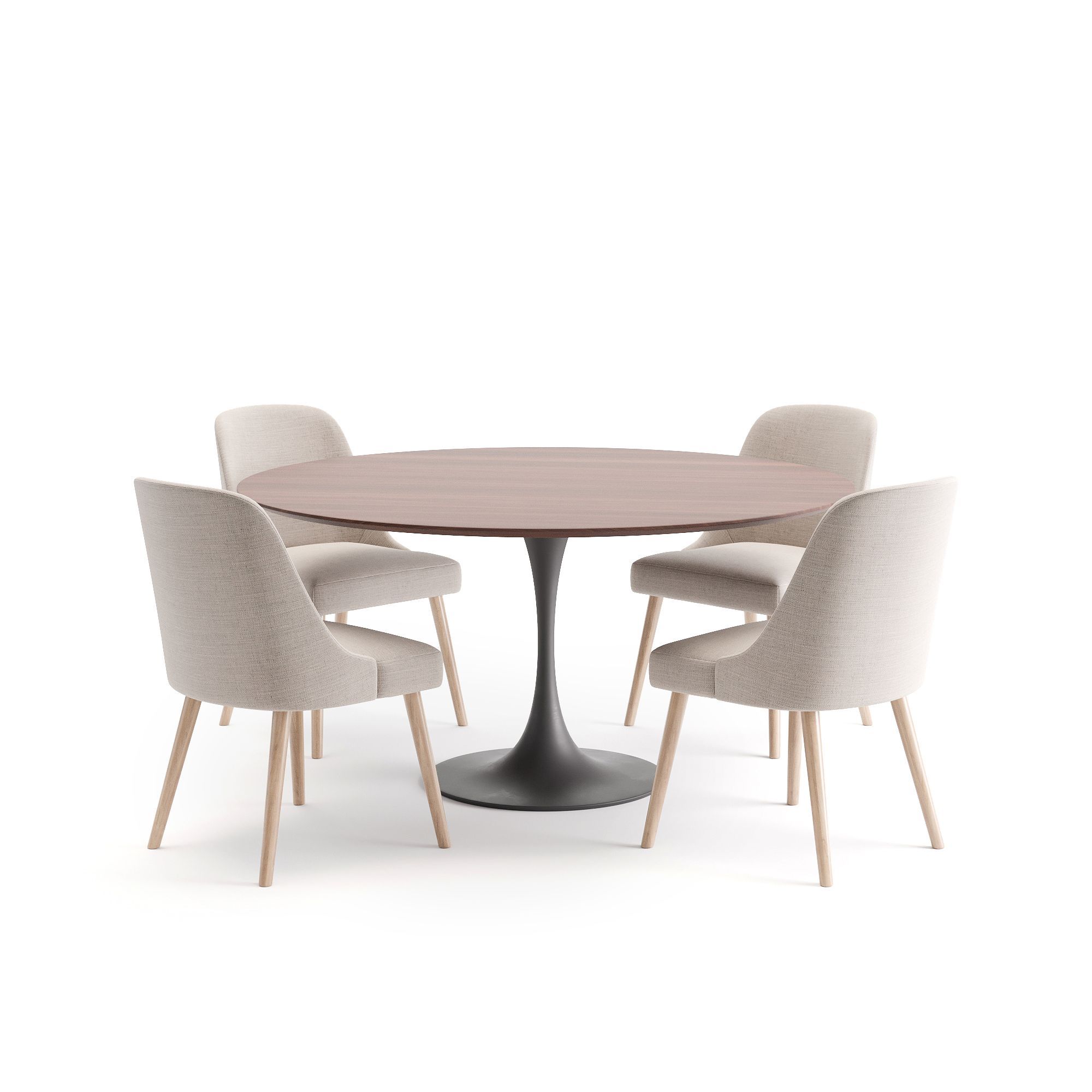 3D furniture modeling and rendering of a modern dining table with chairs, showcasing realistic furniture visualization