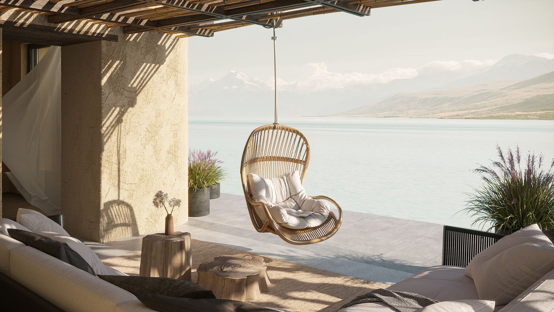 Hanging Rattan Chair on a Patio CGI