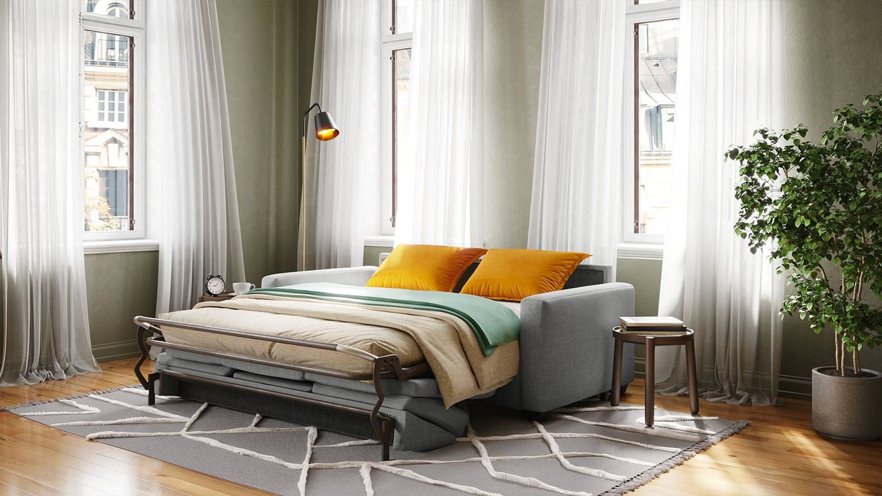 Top-notch 3D rendering of a trendy sofa bed in a stylish interior, showcasing realistic furniture rendering and 3D lifestyle visualization.