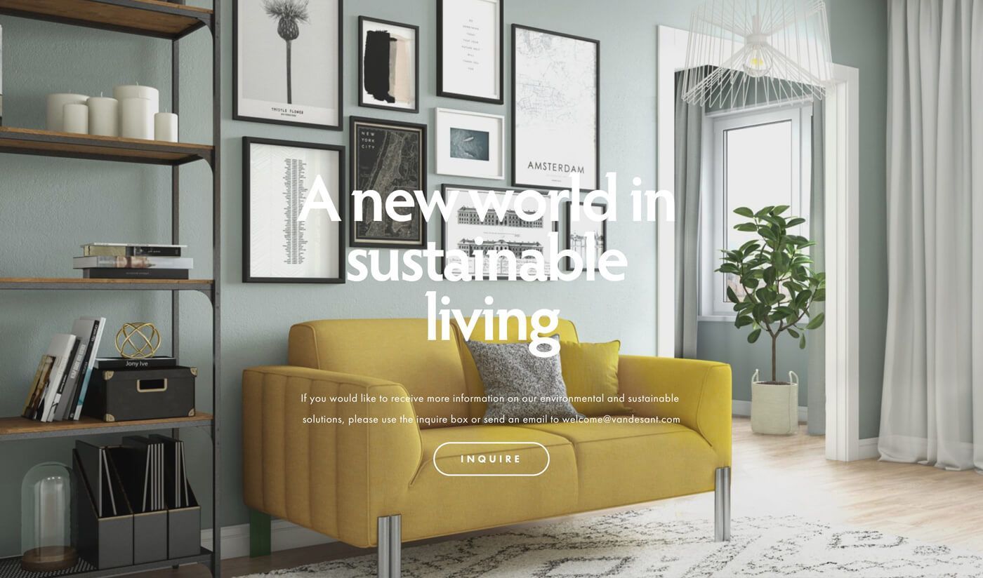 3D furniture modeling and rendering showcasing a sustainable living room with a yellow sofa and wall art