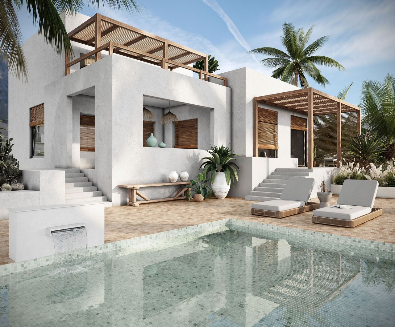 3D Rendering of a white luxury house with natural-toned pool tiles and tropical landscaping