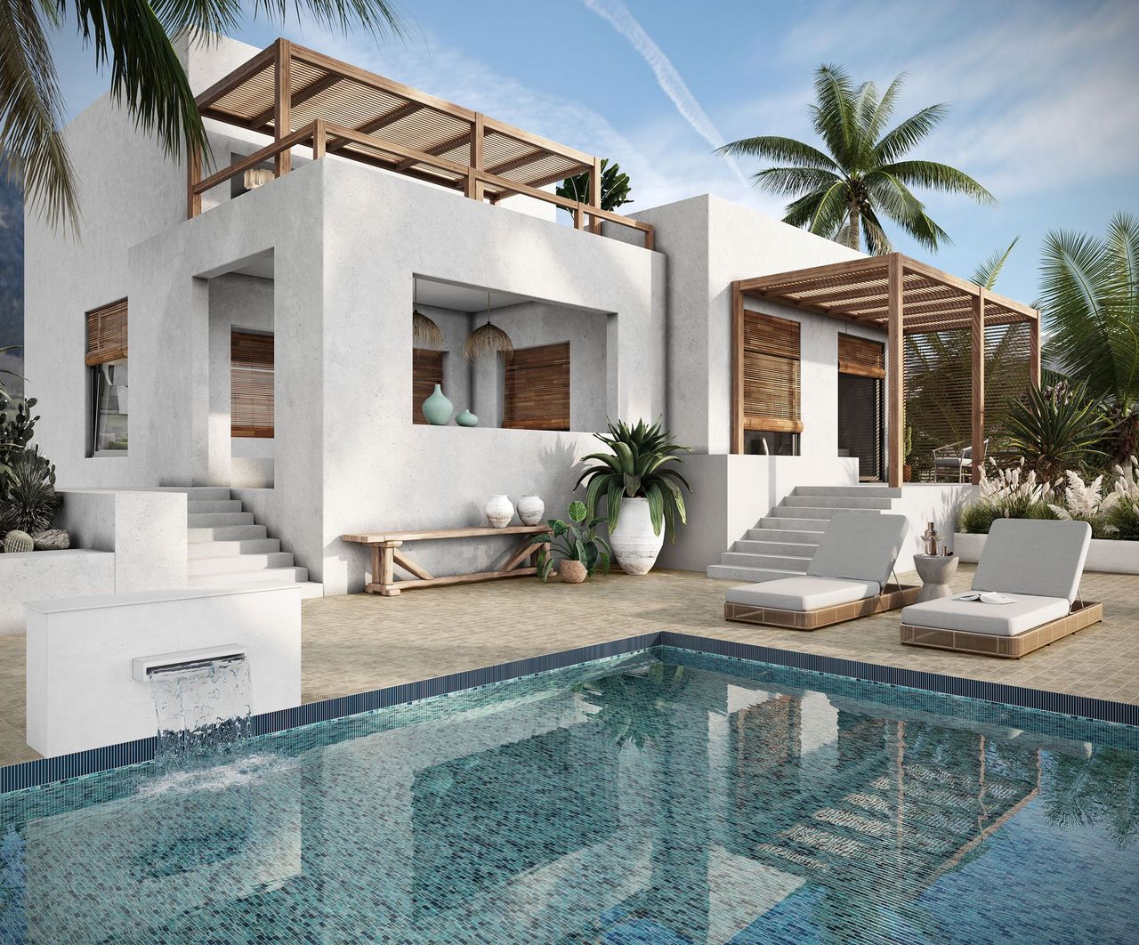 Product rendering of a luxury coastal home with reflective blue pool tiles and minimalist architecture