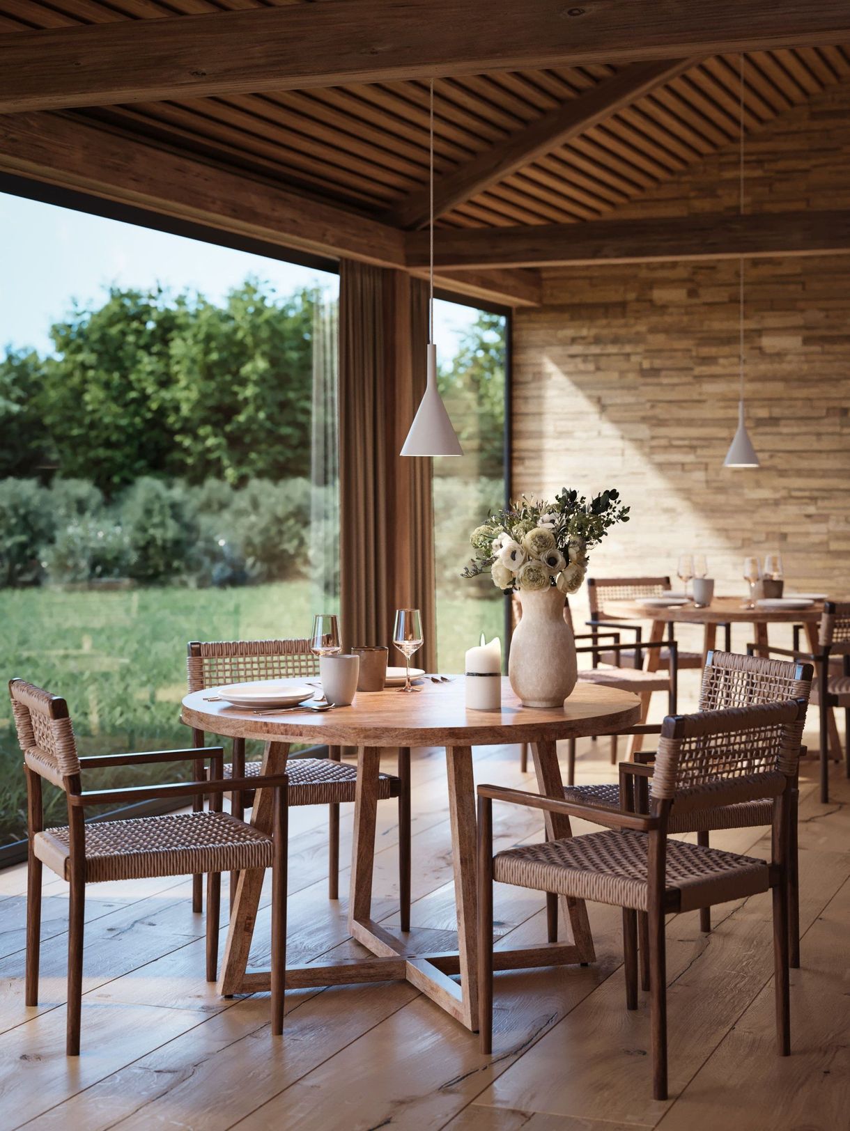 3D modeling and rendering showcasing a modern dining area with wooden table and chairs