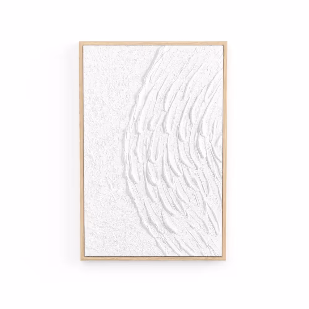 3D Rendering for catalogs showing a framed white textured wall art with a wave design